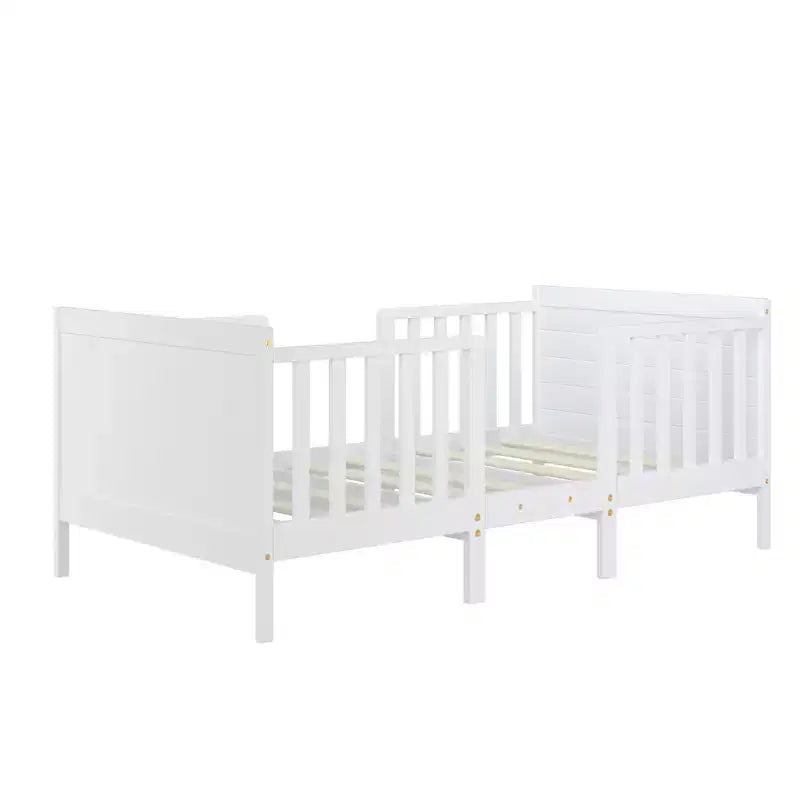 Lit convertible 2 en 1 Costway, meuble pour enfant, berceau pour tout-petit avec 2 barrières de sécurité latérales, blanc/marron