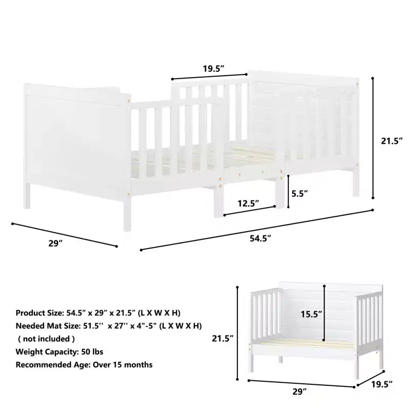 Lit convertible 2 en 1 Costway, meuble pour enfant, berceau pour tout-petit avec 2 barrières de sécurité latérales, blanc/marron