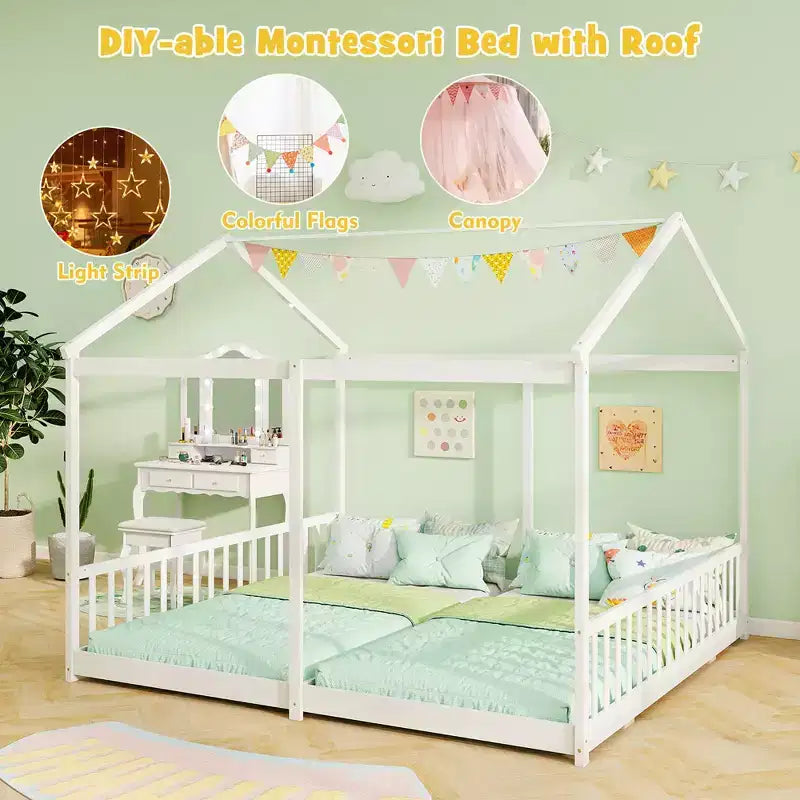 Lit double superposé Costway avec barrières de sécurité, pas besoin de sommier tapissier pour adolescents garçons filles blanc