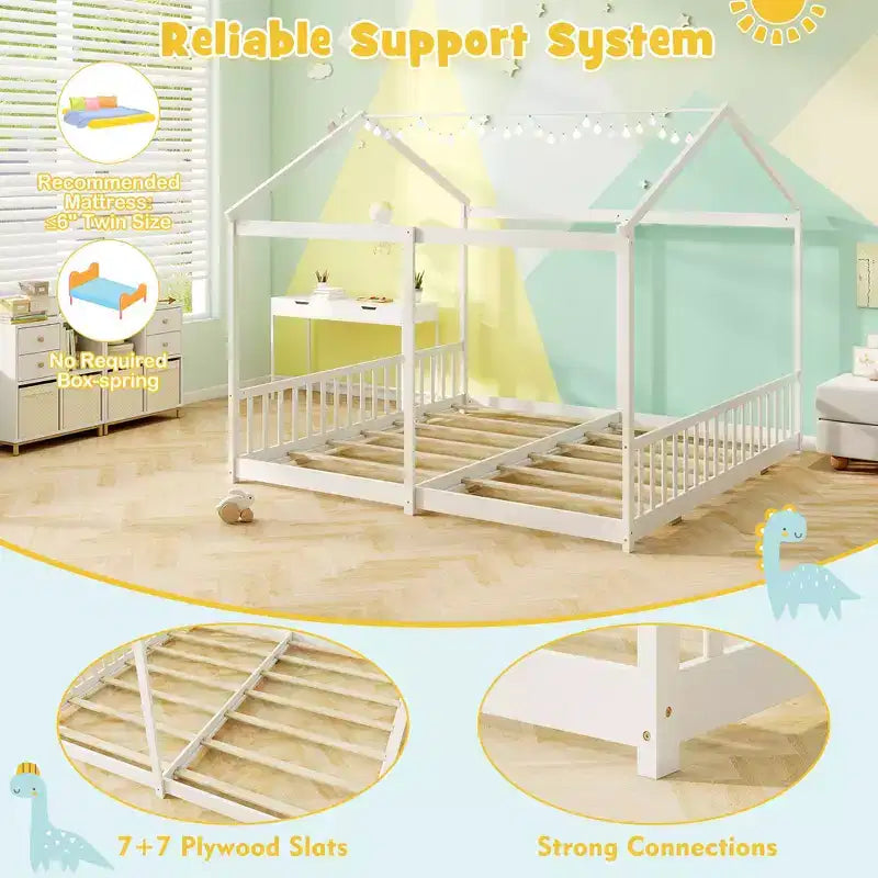 Lit double superposé Costway avec barrières de sécurité, pas besoin de sommier tapissier pour adolescents garçons filles blanc