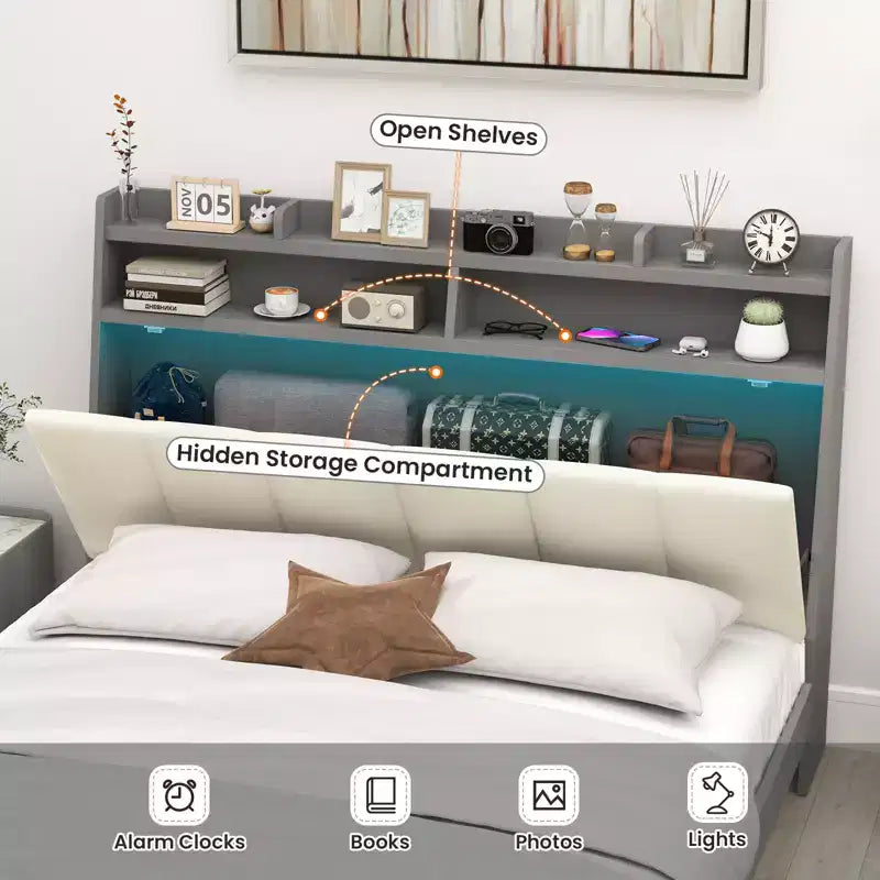 Cadre de lit double Costway avec rangement, plateforme moderne, sommier à lattes