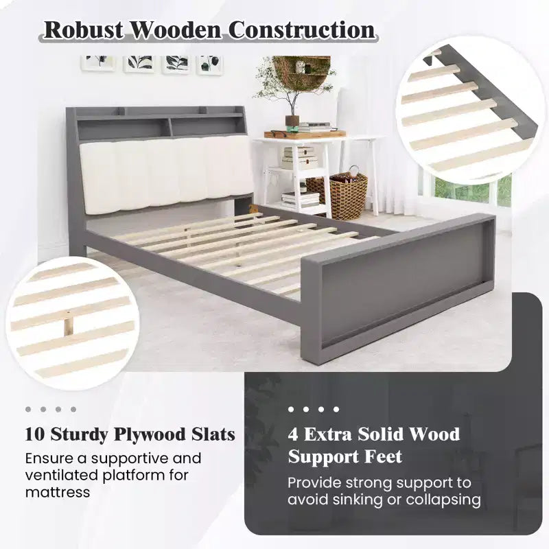 Cadre de lit double Costway avec rangement, plateforme moderne, sommier à lattes