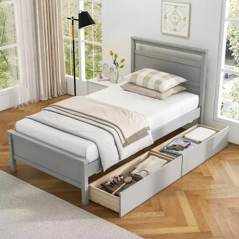 Lit plateforme double Costway avec tiroirs, 2 tiroirs coulissants, tête et pied de lit, gris