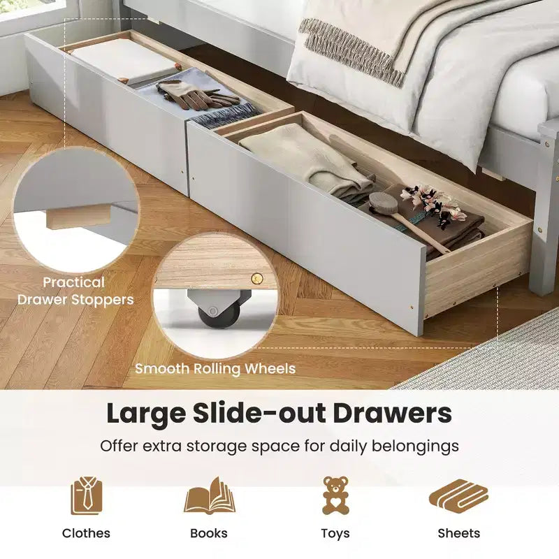 Lit plateforme double Costway avec tiroirs, 2 tiroirs coulissants, tête et pied de lit, gris