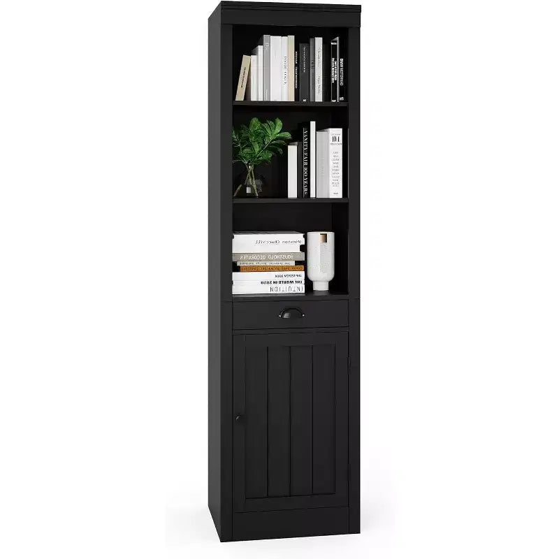 Bibliothèque haute de 180 cm avec tiroirs et portes, étagère à 3 niveaux ouverts avec étagères réglables, meuble de rangement étroit pour salon, noir
