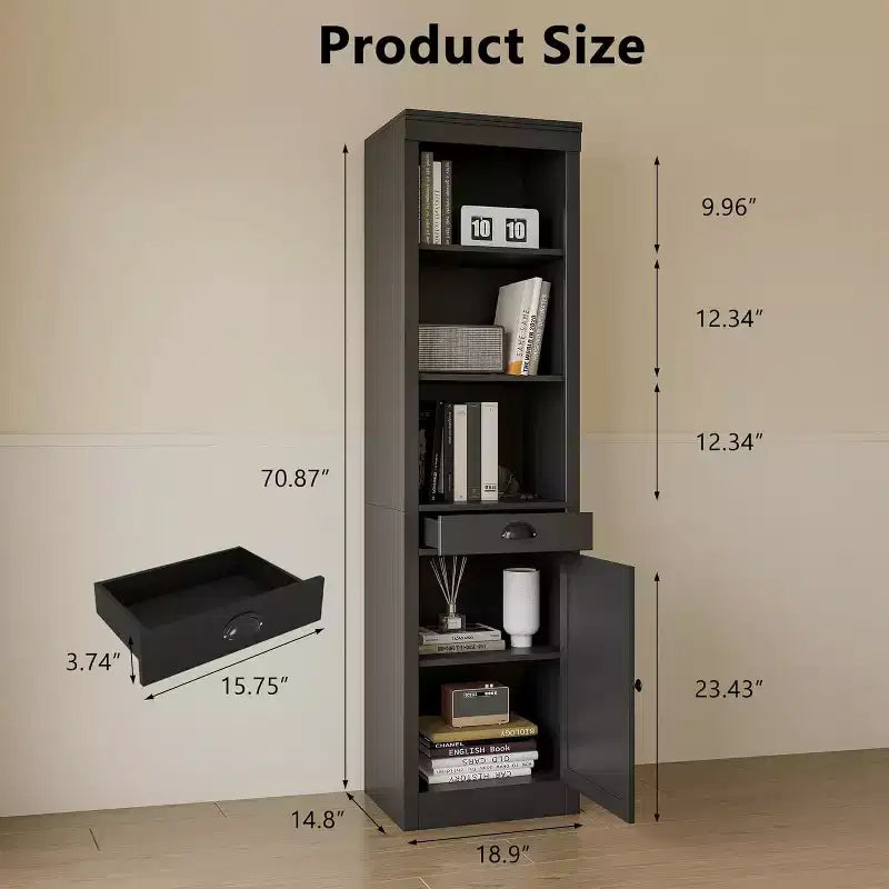 Bibliothèque haute de 180 cm avec tiroirs et portes, étagère à 3 niveaux ouverts avec étagères réglables, meuble de rangement étroit pour salon, noir