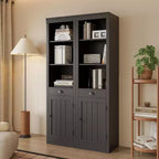 Bibliothèque haute de 180 cm avec tiroirs et portes, étagère à 3 niveaux ouverts avec étagères réglables, meuble de rangement étroit pour salon, noir