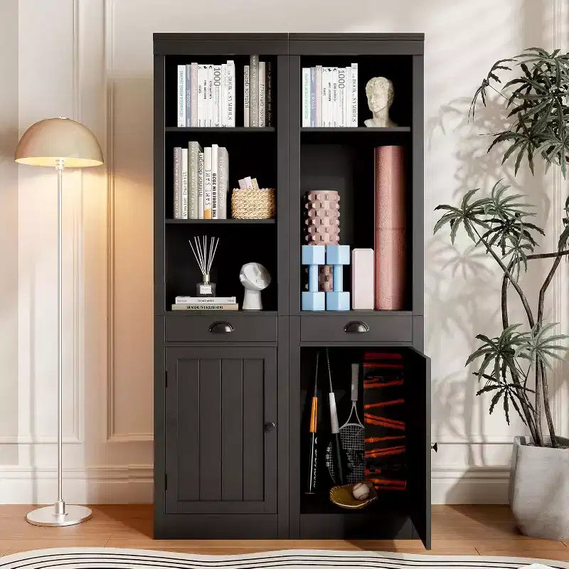 Bibliothèque haute de 180 cm avec tiroirs et portes, étagère à 3 niveaux ouverts avec étagères réglables, meuble de rangement étroit pour salon, noir