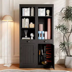 Bibliothèque haute de 180 cm avec tiroirs et portes, étagère à 3 niveaux ouverts avec étagères réglables, meuble de rangement étroit pour salon, noir