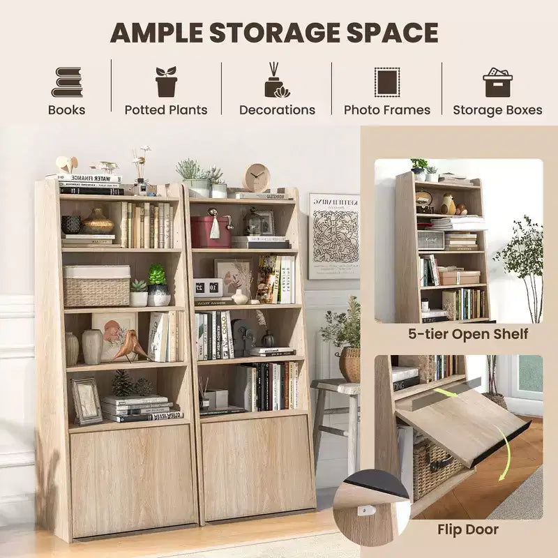 Étagère à 6 niveaux Costway avec 2 étagères réglables, porte relevable et 5 étagères ouvertes pour chambre à coucher