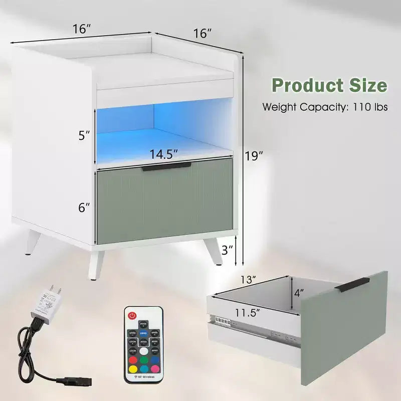 Costway Lot de 2 tables de chevet modernes avec lumières LED, compartiment ouvert et tiroir