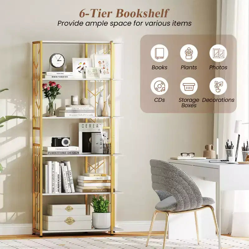Costway Bibliothèque à 6 niveaux avec cadre en métal robuste et 2 dispositifs anti-basculement pour salon