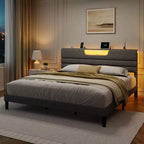 Lit plate-forme King moderne gris capitonné avec rangement, tête de lit à 2 étagères, lumières LED, station de charge, ports USB, sommier tapissier non requis, lattes en bois