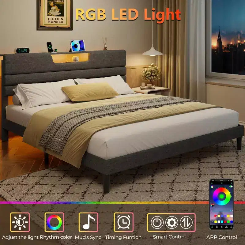 Lit plate-forme King moderne gris capitonné avec rangement, tête de lit à 2 étagères, lumières LED, station de charge, ports USB, sommier tapissier non requis, lattes en bois