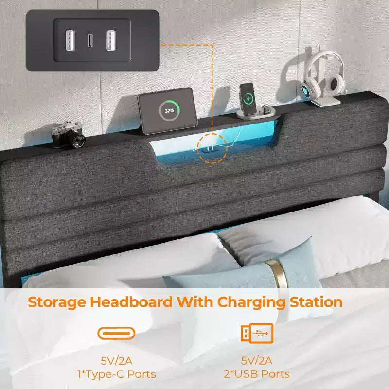 Lit plate-forme King moderne gris capitonné avec rangement, tête de lit à 2 étagères, lumières LED, station de charge, ports USB, sommier tapissier non requis, lattes en bois