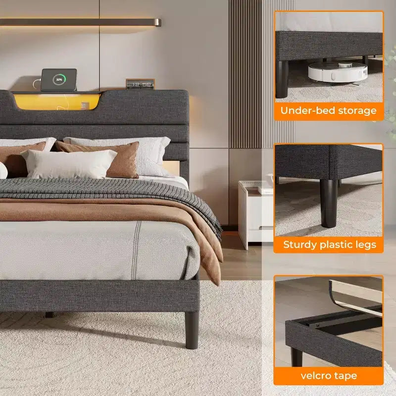 Lit plate-forme King moderne gris capitonné avec rangement, tête de lit à 2 étagères, lumières LED, station de charge, ports USB, sommier tapissier non requis, lattes en bois