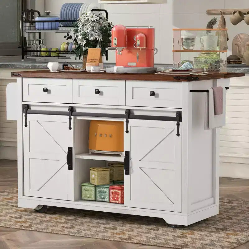 Îlot de cuisine de ferme avec prise de courant, îlot de rangement de cuisine à 2 portes coulissantes de grange avec abattant, chariot de cuisine roulant à roulettes