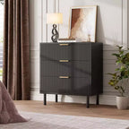Commode large à 3 tiroirs en bois cannelé noir, organisateur de rangement moderne avec pieds en métal et dispositif anti-basculement pour chambre, salon