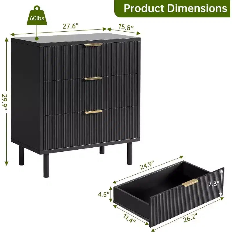 Commode large à 3 tiroirs en bois cannelé noir, organisateur de rangement moderne avec pieds en métal et dispositif anti-basculement pour chambre, salon