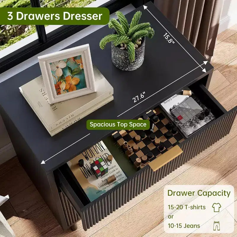 Commode large à 3 tiroirs en bois cannelé noir, organisateur de rangement moderne avec pieds en métal et dispositif anti-basculement pour chambre, salon
