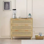 3 Drawer Dresser for Bedroom, Wooden Rattan Dresser Chest of Drawers with Metal Handles, Boho Farmhouse Closet Organizer Oak