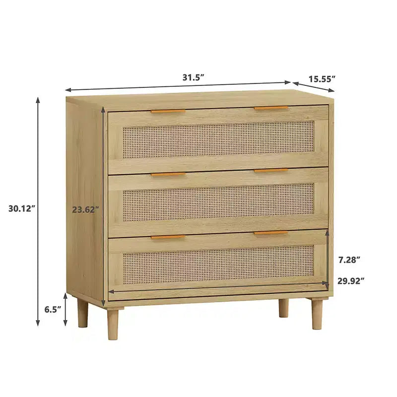 Commode à 3 tiroirs pour chambre à coucher, commode en bois avec tiroirs en rotin et poignées en métal, organisateur de placard style bohème ou ferme, couleur chêne
