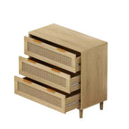 Commode à 3 tiroirs pour chambre à coucher, commode en bois avec tiroirs en rotin et poignées en métal, organisateur de placard style bohème ou ferme, couleur chêne