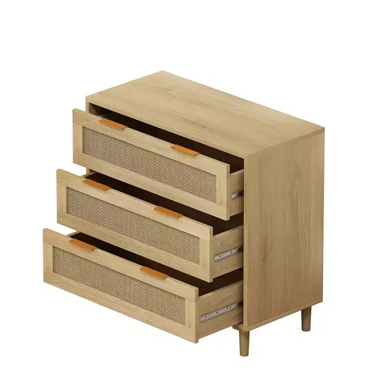 Commode à 3 tiroirs pour chambre à coucher, commode en bois avec tiroirs en rotin et poignées en métal, organisateur de placard style bohème ou ferme, couleur chêne