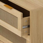 Commode à 3 tiroirs pour chambre à coucher, commode en bois avec tiroirs en rotin et poignées en métal, organisateur de placard style bohème ou ferme, couleur chêne
