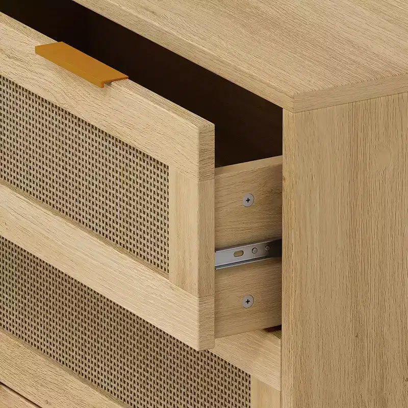 Commode à 3 tiroirs pour chambre à coucher, commode en bois avec tiroirs en rotin et poignées en métal, organisateur de placard style bohème ou ferme, couleur chêne
