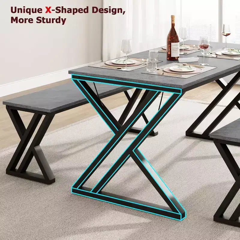 Ensemble table de salle à manger pour 4 personnes avec 2 bancs, table de cuisine rectangulaire, cadre métallique robuste, peu encombrant pour salle à manger, cuisine, appartement