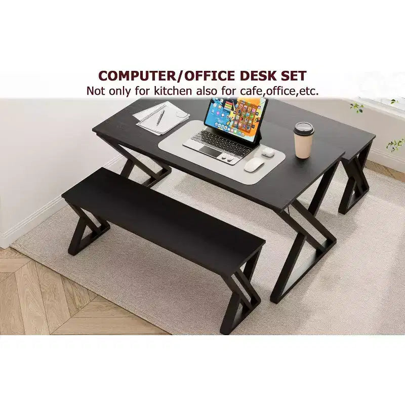 Ensemble table de salle à manger pour 4 personnes avec 2 bancs, table de cuisine rectangulaire, cadre métallique robuste, peu encombrant pour salle à manger, cuisine, appartement