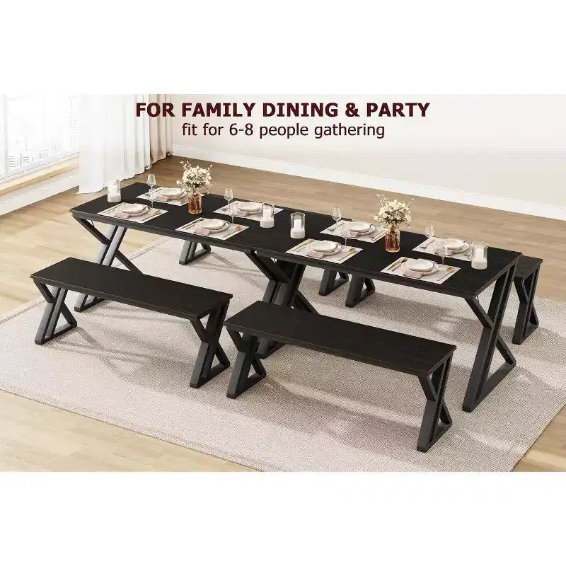 Ensemble table de salle à manger pour 4 personnes avec 2 bancs, table de cuisine rectangulaire, cadre métallique robuste, peu encombrant pour salle à manger, cuisine, appartement