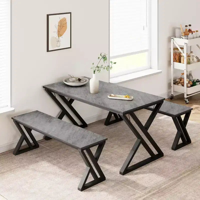 Ensemble table de salle à manger pour 4 personnes avec 2 bancs, table de cuisine rectangulaire, cadre métallique robuste, peu encombrant pour salle à manger, cuisine, appartement