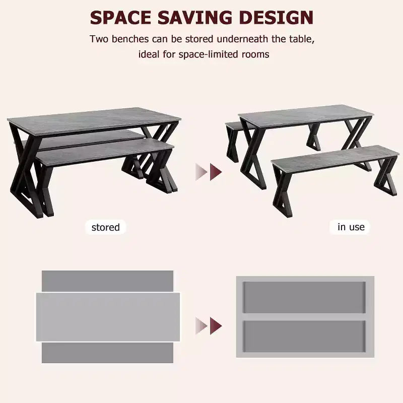 Ensemble table de salle à manger pour 4 personnes avec 2 bancs, table de cuisine rectangulaire, cadre métallique robuste, peu encombrant pour salle à manger, cuisine, appartement