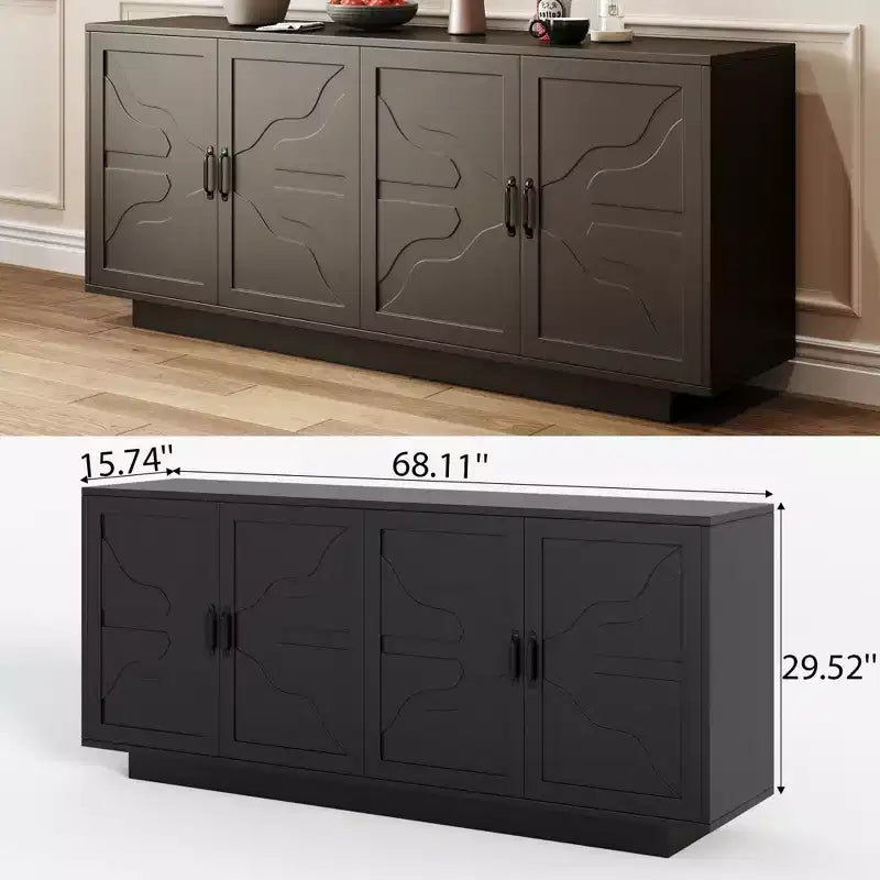 Okak Buffet en bois de style Mid-Century avec poignées métalliques, Armoire de rangement en placage de frêne pour salle à manger, cuisine