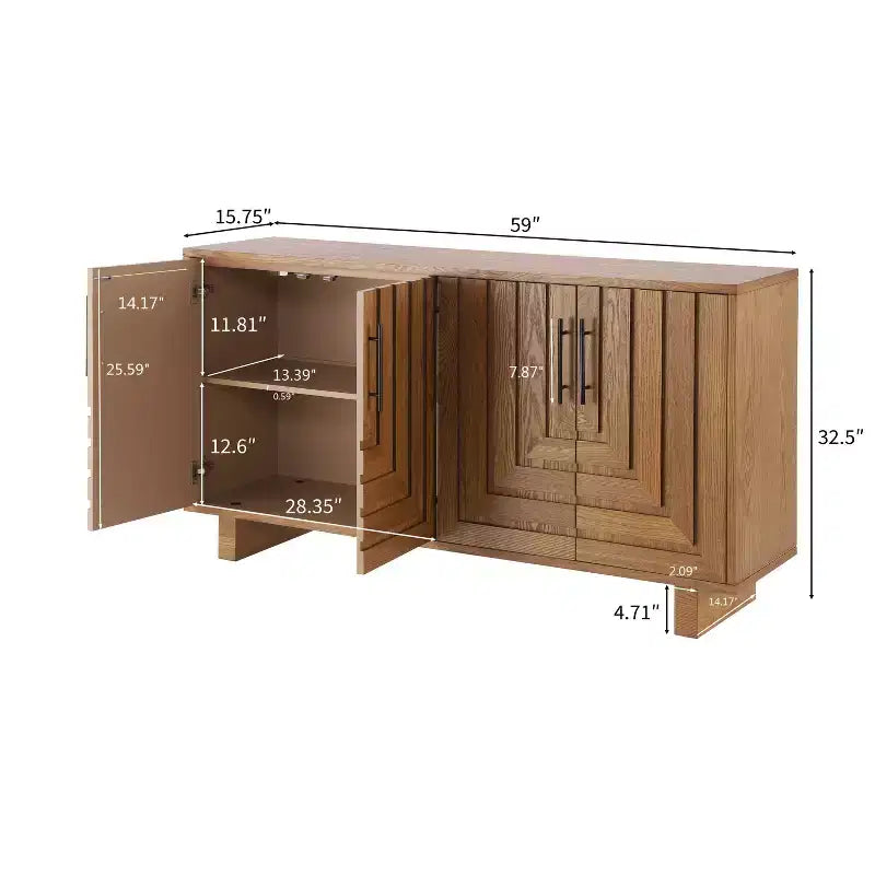 Okak Buffet en bois de style Mid-Century avec poignées métalliques, Armoire de rangement en placage de frêne pour salle à manger, cuisine