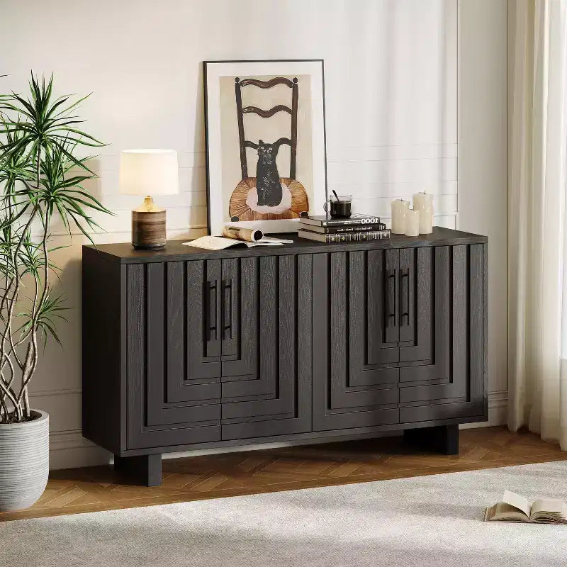 Okak Mid Century Wooden Buffet Sideboard Storage Cabinet with Metal Handles,Ash Veneer Pantry Cabinets for Dining Room,Kitchen