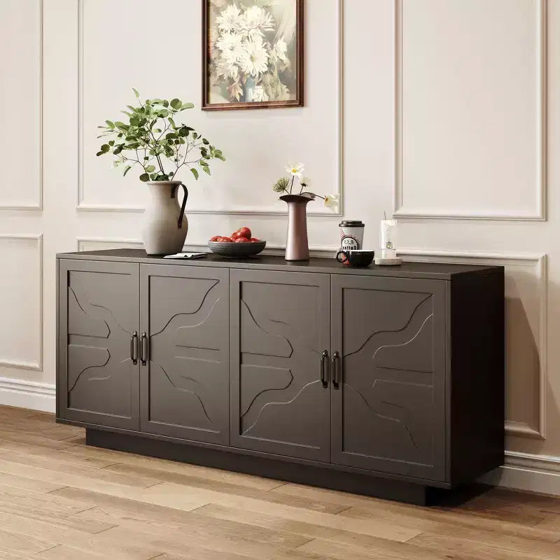 Okak Buffet en bois de style Mid-Century avec poignées métalliques, Armoire de rangement en placage de frêne pour salle à manger, cuisine