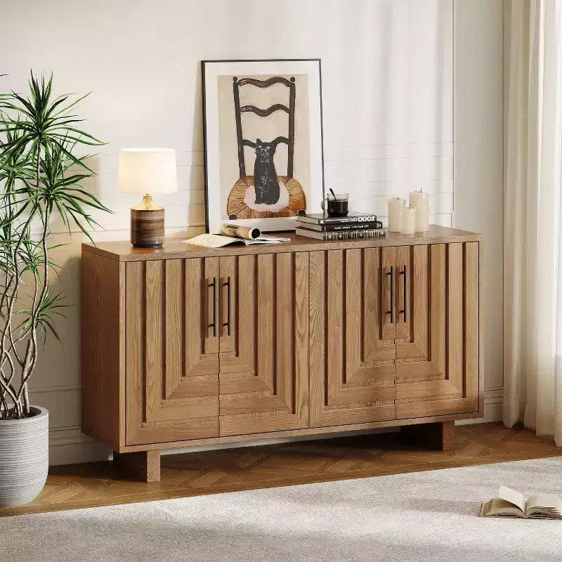 Okak Buffet en bois de style Mid-Century avec poignées métalliques, Armoire de rangement en placage de frêne pour salle à manger, cuisine