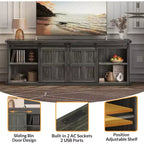 Meuble TV de ferme pour téléviseurs de 75/80 pouces, meuble de 70 pouces avec rangement, porte coulissante de style grange, prise de courant, console de divertissement pour salon