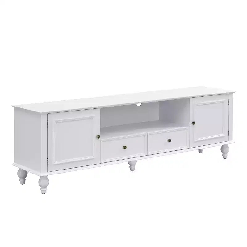 Meuble TV moderne avec compartiment ouvert pour TV 80 pouces, meuble de rangement TV avec tiroirs, console média avec pieds solides pour salon