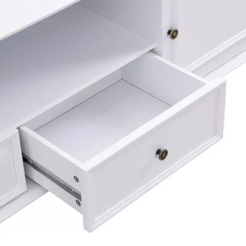 Meuble TV moderne avec compartiment ouvert pour TV 80 pouces, meuble de rangement TV avec tiroirs, console média avec pieds solides pour salon