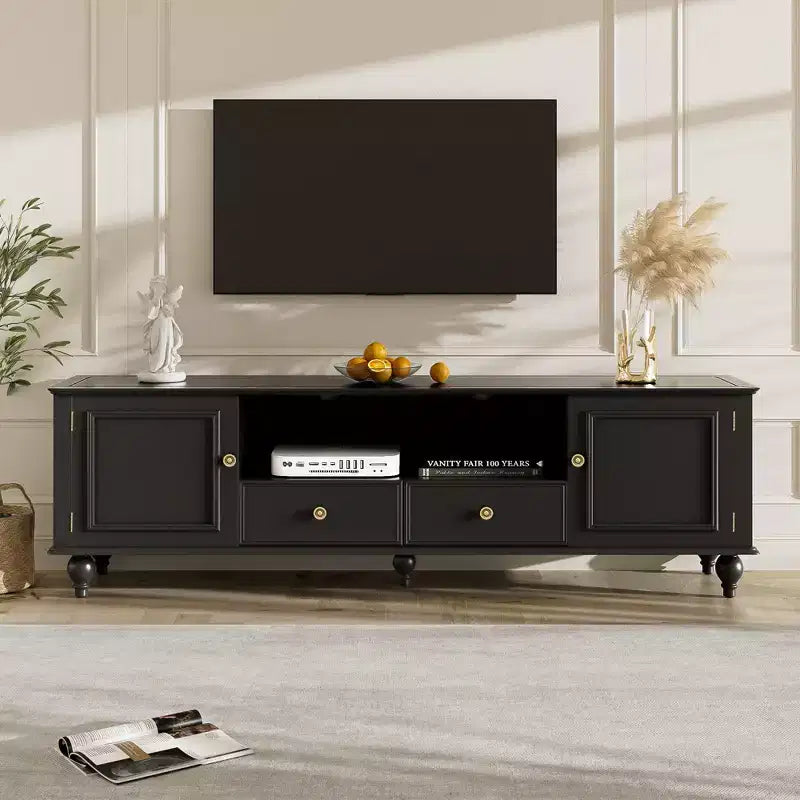 Meuble TV moderne avec compartiment ouvert pour TV 80 pouces, meuble de rangement TV avec tiroirs, console média avec pieds solides pour salon