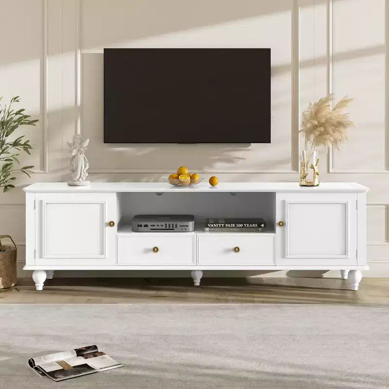 Meuble TV moderne avec compartiment ouvert pour TV 80 pouces, meuble de rangement TV avec tiroirs, console média avec pieds solides pour salon