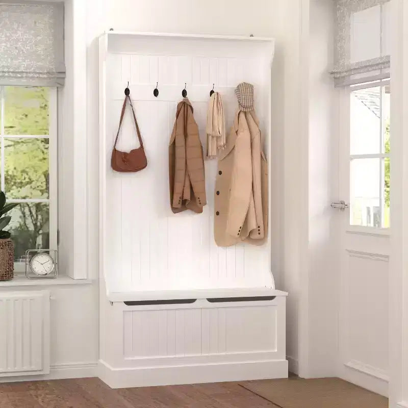 Porte-manteau d'entrée avec banc à chaussures, porte-manteau avec banc de rangement à couvercle relevable et 5 crochets, étagère de rangement pour petits espaces, salon, couloir