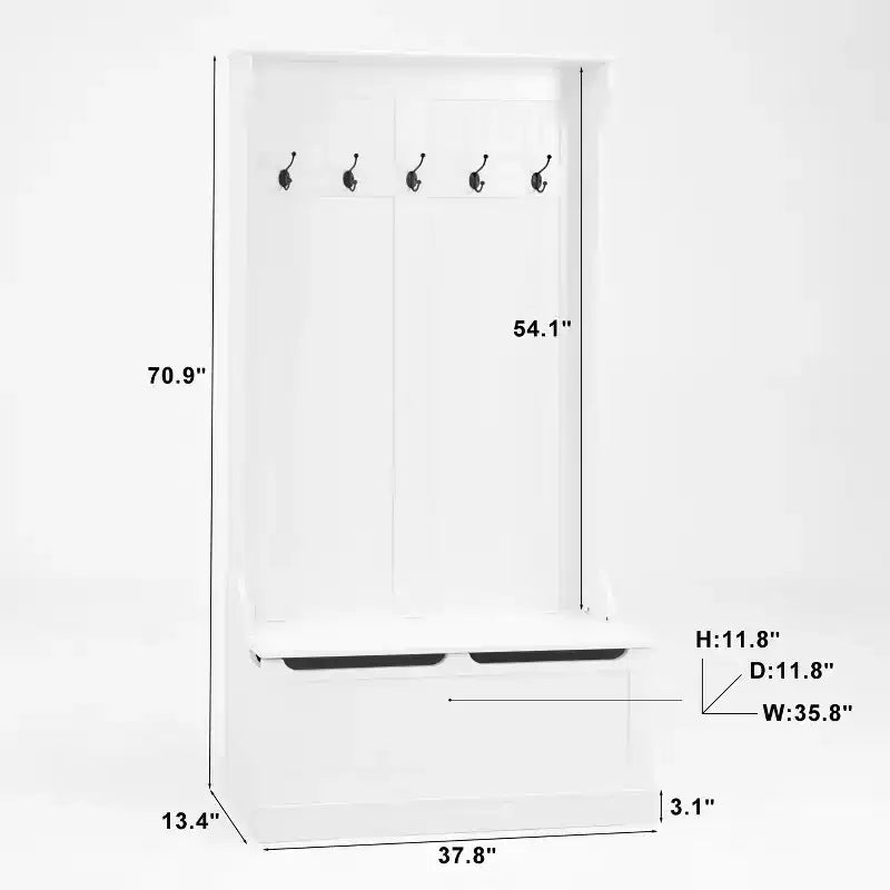 Porte-manteau d'entrée avec banc à chaussures, porte-manteau avec banc de rangement à couvercle relevable et 5 crochets, étagère de rangement pour petits espaces, salon, couloir