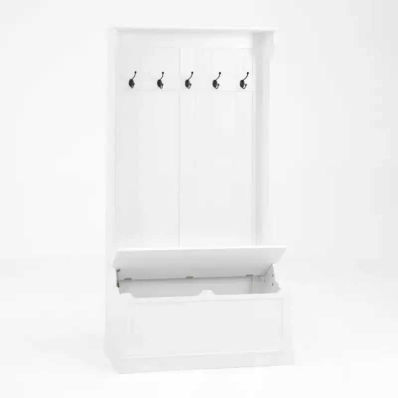 Porte-manteau d'entrée avec banc à chaussures, porte-manteau avec banc de rangement à couvercle relevable et 5 crochets, étagère de rangement pour petits espaces, salon, couloir