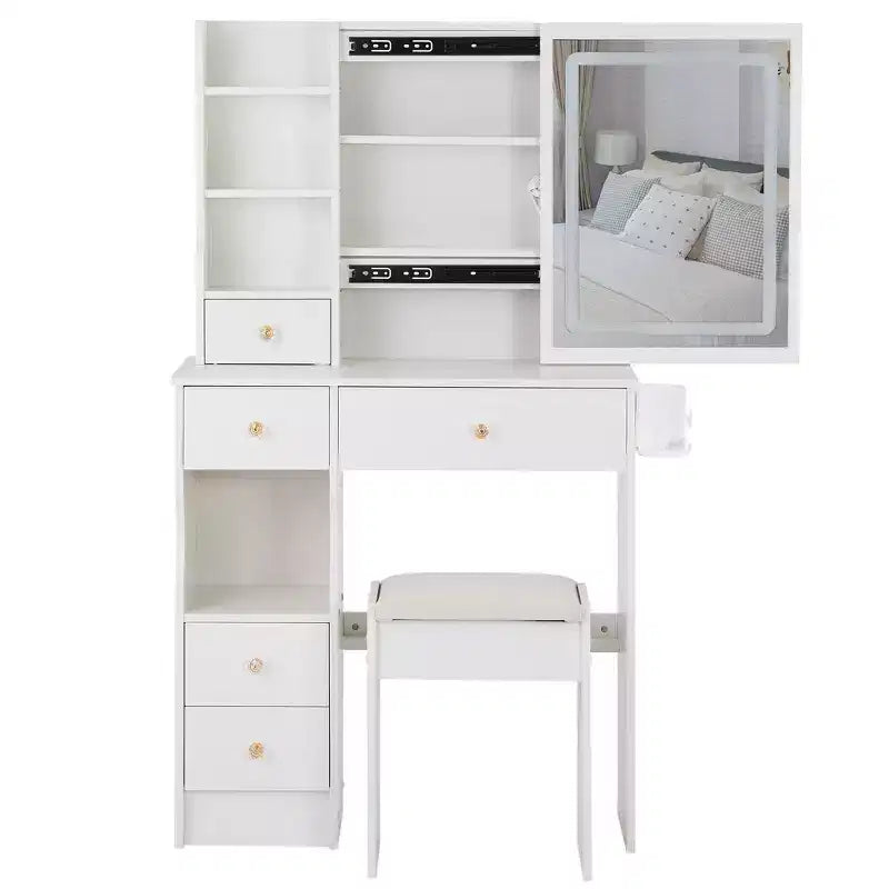 Coiffeuse avec miroir et lumières, Petite table de maquillage avec tiroirs et armoire, Coiffeuse avec tabouret et prise de courant pour chambre à coucher