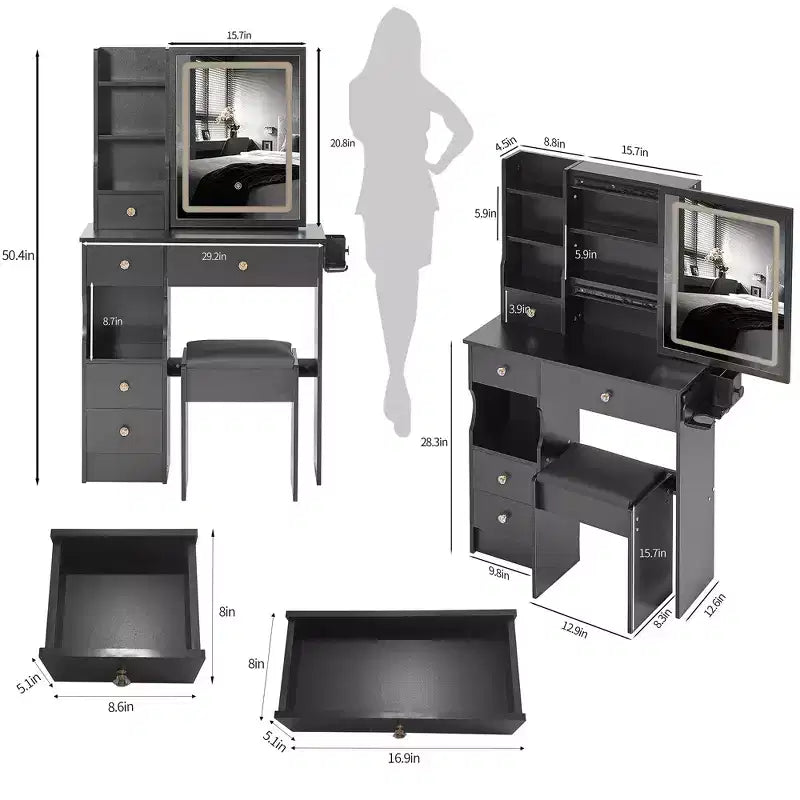 Coiffeuse avec miroir et lumières, Petite table de maquillage avec tiroirs et armoire, Coiffeuse avec tabouret et prise de courant pour chambre à coucher